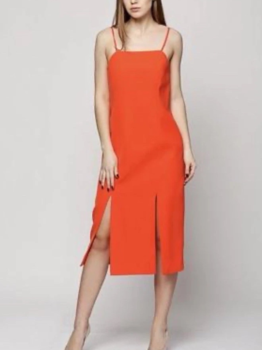 C/MEO Collective Red Orange Spaghetti-Strap Midi Dress with Dual Front Slits